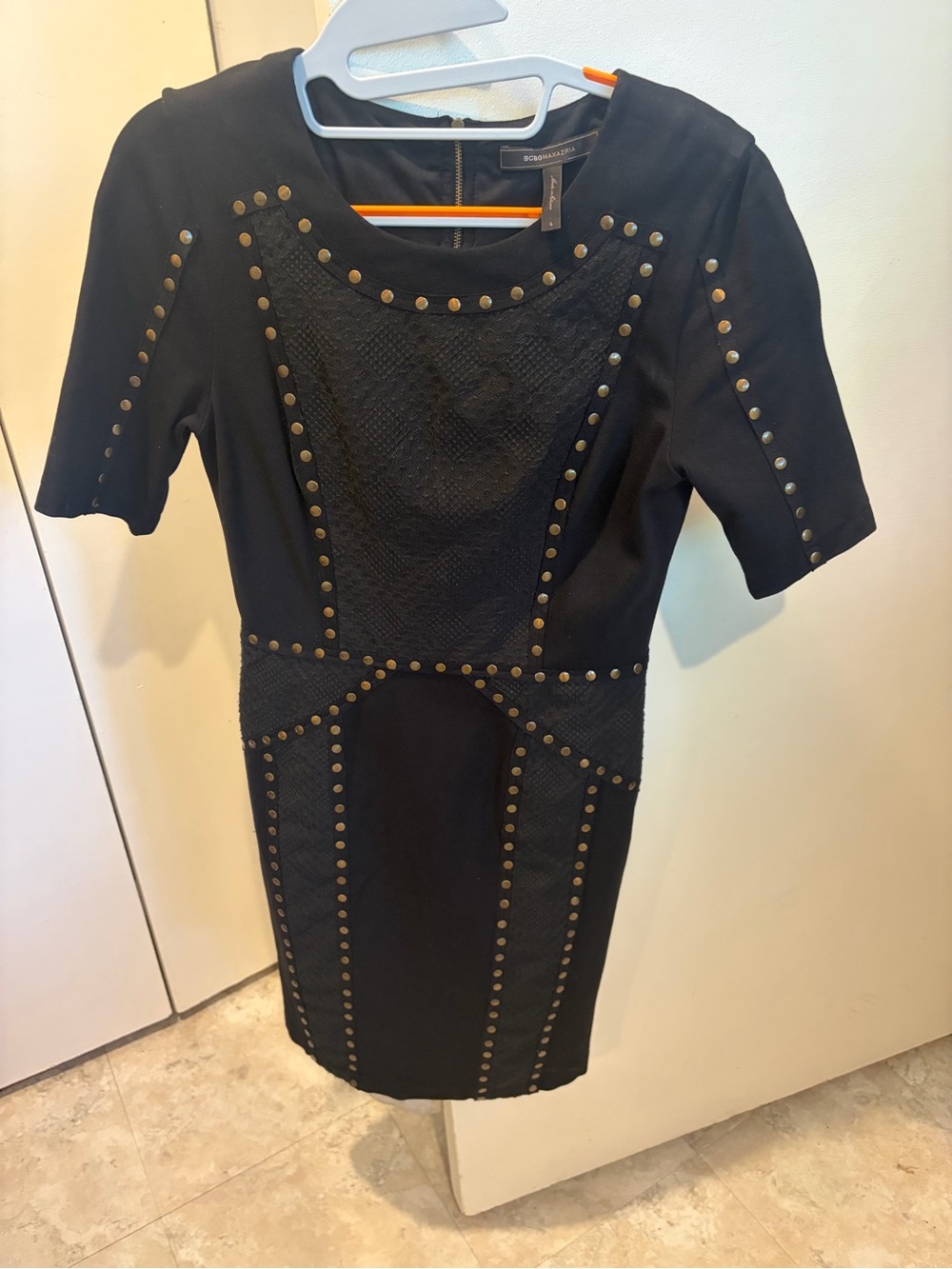 BCBGMAXAZRIA Black Studded Lace Detail Top | Size S | Edgy Chic